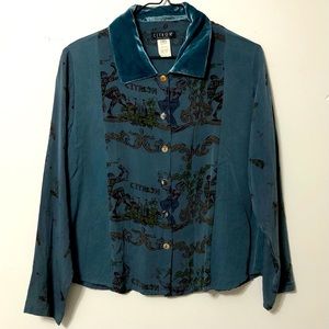 Citron Blouse Top Velvet Trim Collar Size Small
